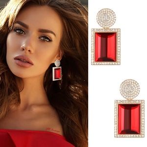 New Gold & Red Rhinestone Post Statement Earrings